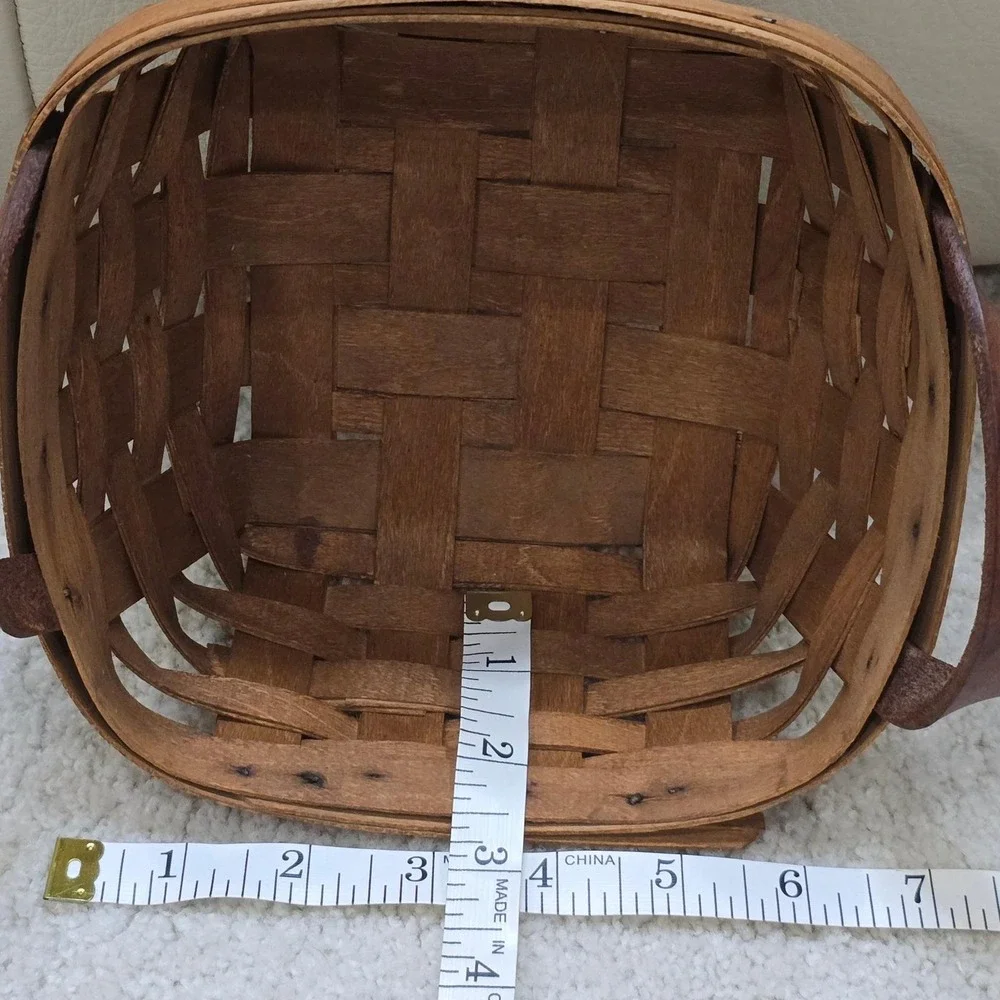 Woven Wood Basket‎ with Leather Handles Rustic Farmhouse Decor Square Vintage